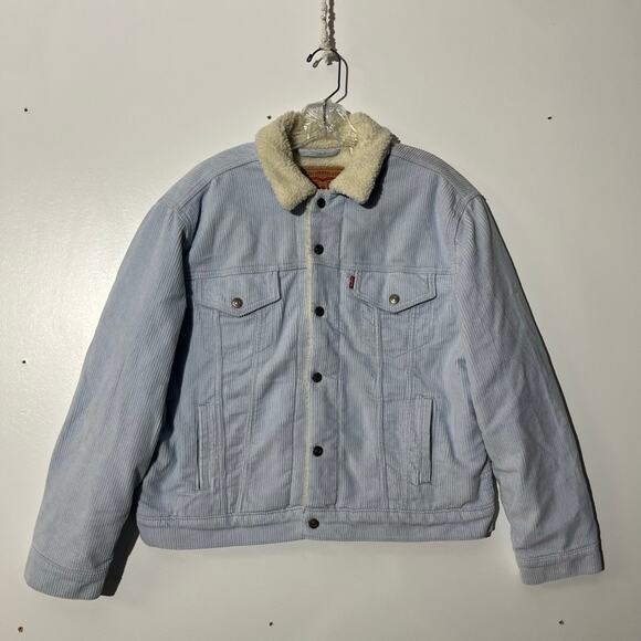 Levi’s‎ Women’s Ex-Boyfriend Light Blue Corduroy Sherpa Trucker Jacket Size XL - Picture 1 of 8